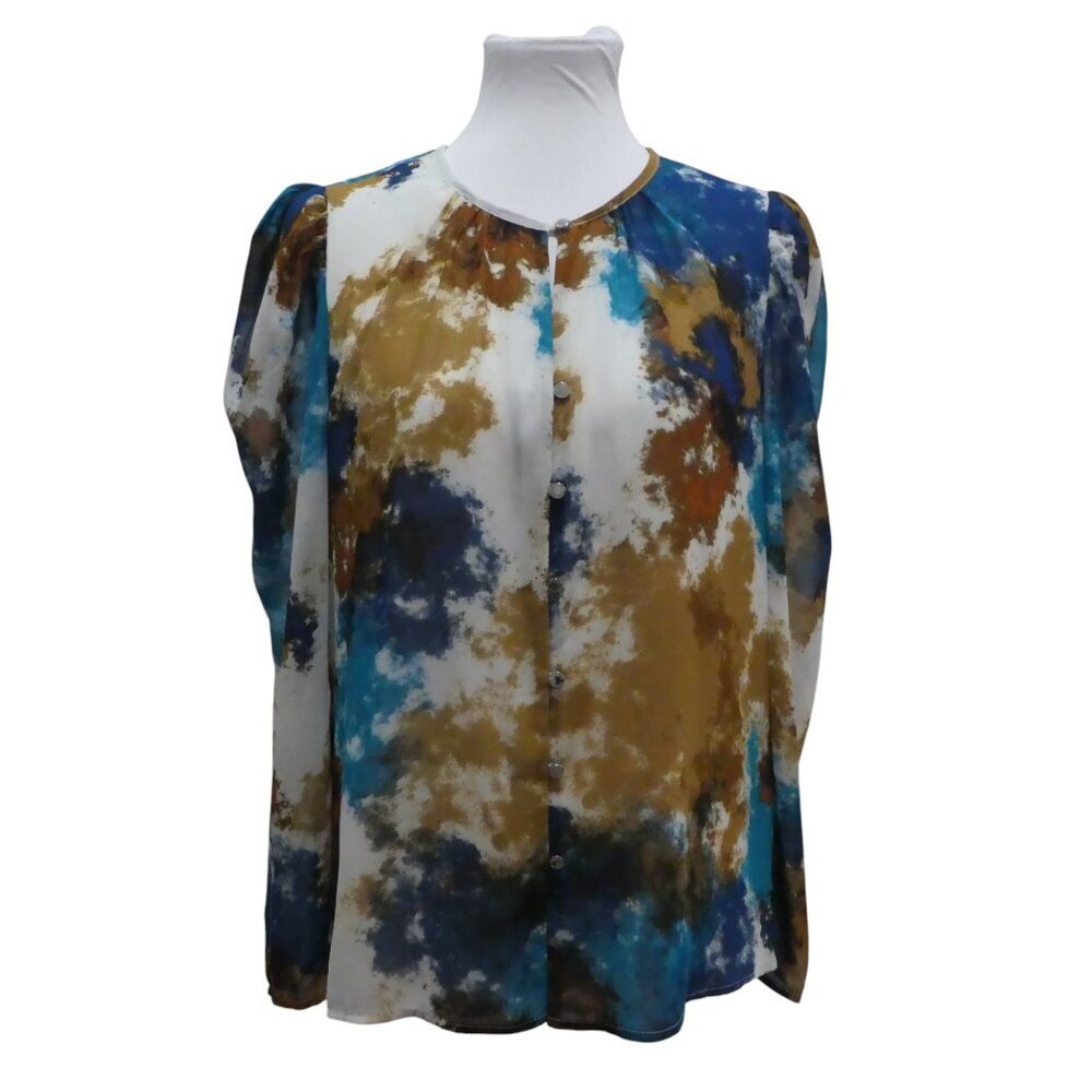 Calvin Klein Watercolor Abstract Print Button Front Puff Sleeve Blouse Womens M